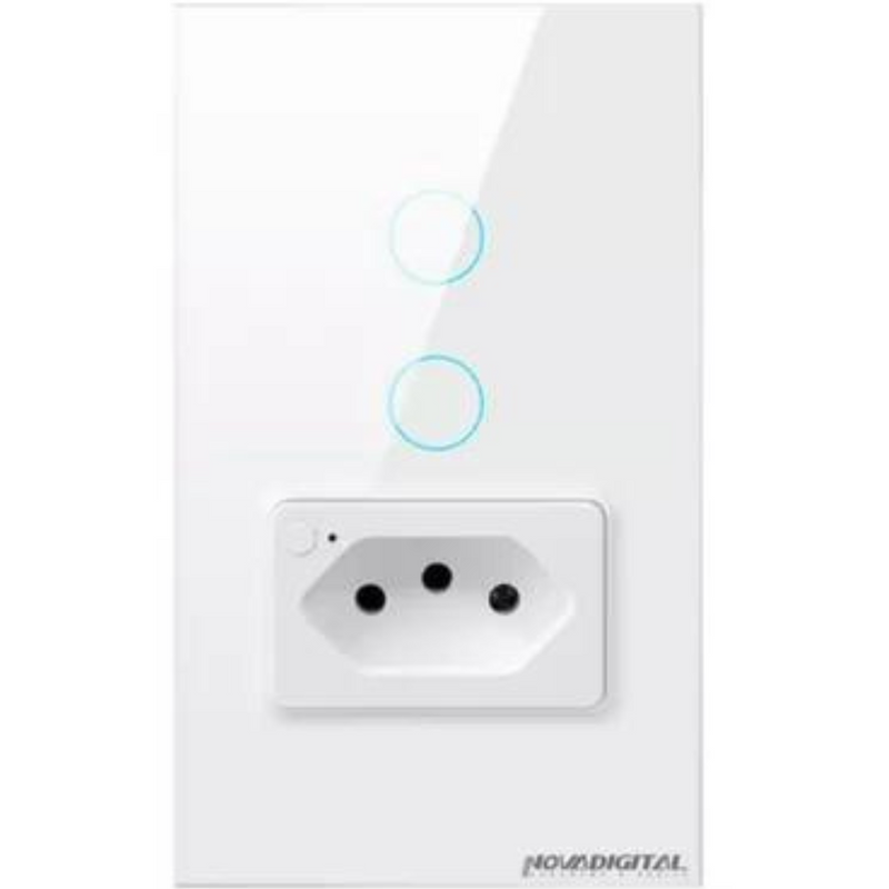 Interruptor com Tomada Inteligente 1 e 2 Botões Touch Zigbee 4x2 Preto e Branco - Novadigital