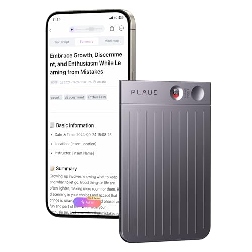Gravador de voz com IA, gravador de áudio PLAUD NOTE c/capa, controle de aplicativo, transcrição e resumo com tecnologia de IA, suporte a 112 idiomas, 64GB, para aulas, reuniões, chamadas, preto