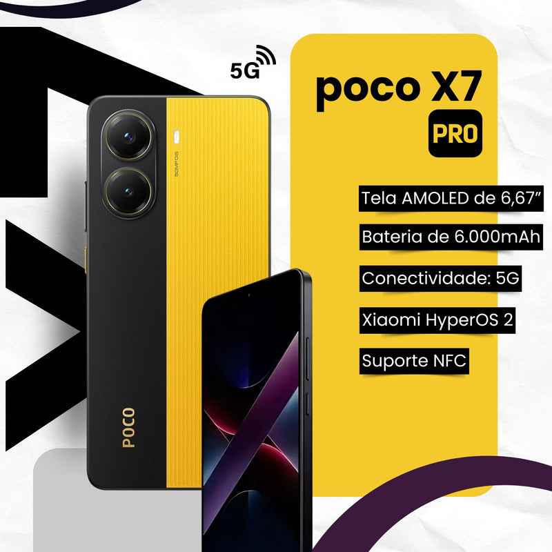 Smartphone Poco X7 PRO 256GB Preto/Amarelo 8G BRAM Dual SIM 5G 120Hz 6000mAh Câmera Tripla 50MP NFC