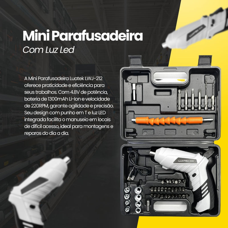 Kit Parafusadeira Mini Com Luz Led Portátil Recarregável Usb e Maleta