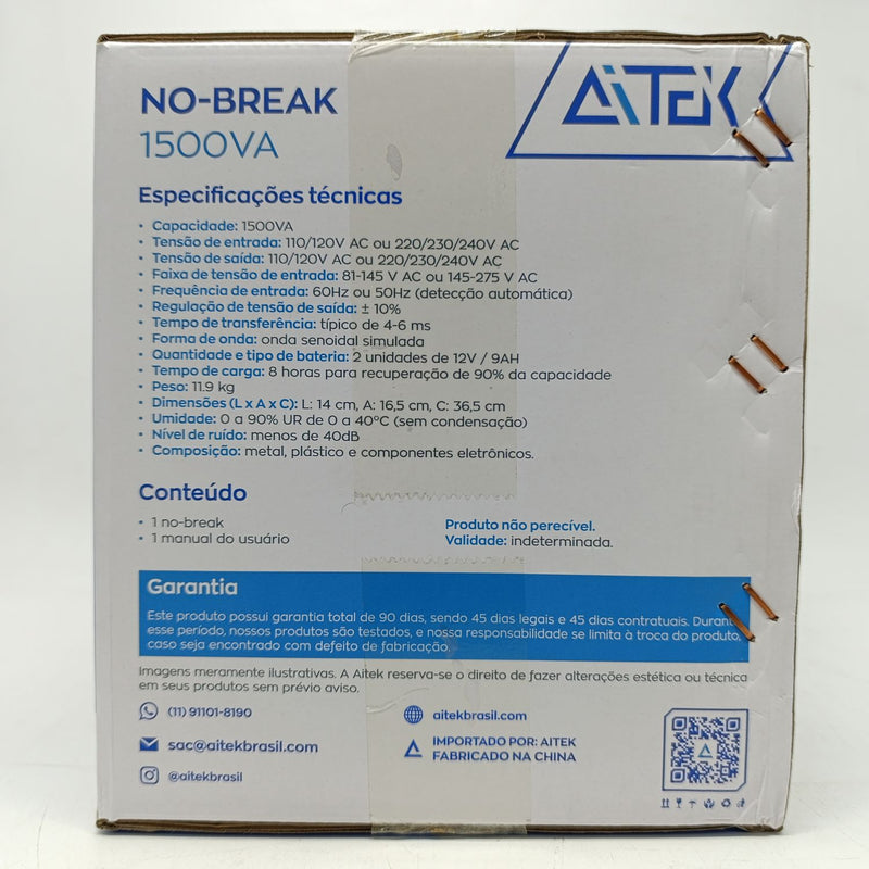 Nobreak 1500va Bivolt Senoidal Simulada 3 Tomadas 2 Baterias, Entrada Bivolt Automática E Saída Bivolt Chaveada - Aitek