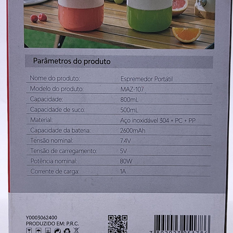 Espremedor Juicer Portátil USB 800ml Tomate Verde - MAZ-107