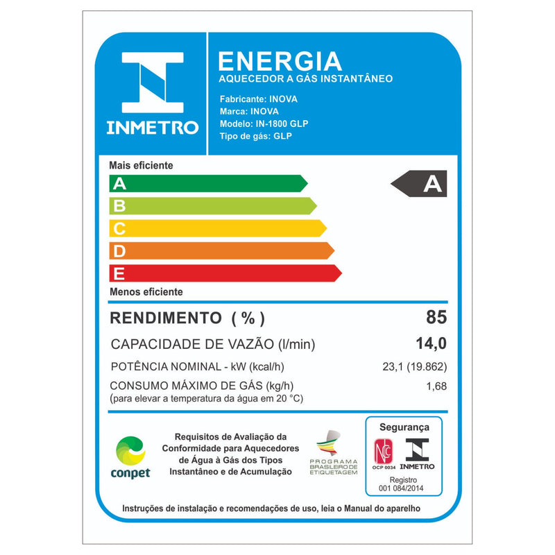 Aquecedor de Água a Gás Inova IN-1800-GLP 14,0 L/min Potência 23,1 kW Tipo B11 para Uso Residencial