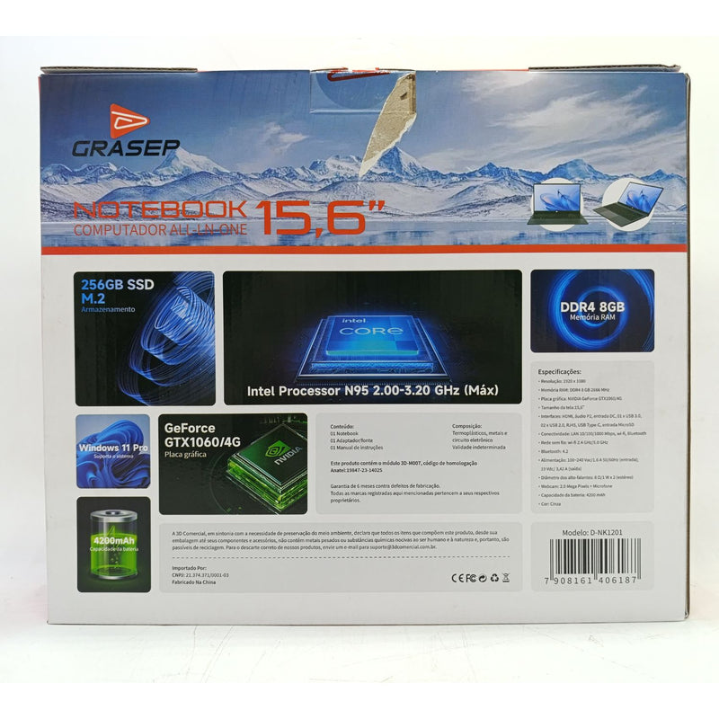 Notebook 15,6" Full HD, 256GB 8GB RAM DDR4 Windows 11 Pro Grasep - D-NK1201