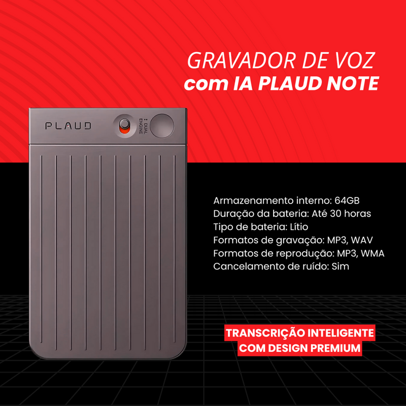 Gravador de Voz Inteligente Plaud Note NB-100 – 64GB, IA com ChatGPT, Transcrição Automática e Cancelamento de Ruído