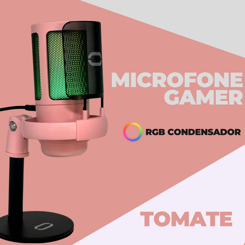 Microfone Gamer Condensador USB Rosa com Iluminação RGB e Filtro Anti-Puff – Ideal para Streaming e Gravação