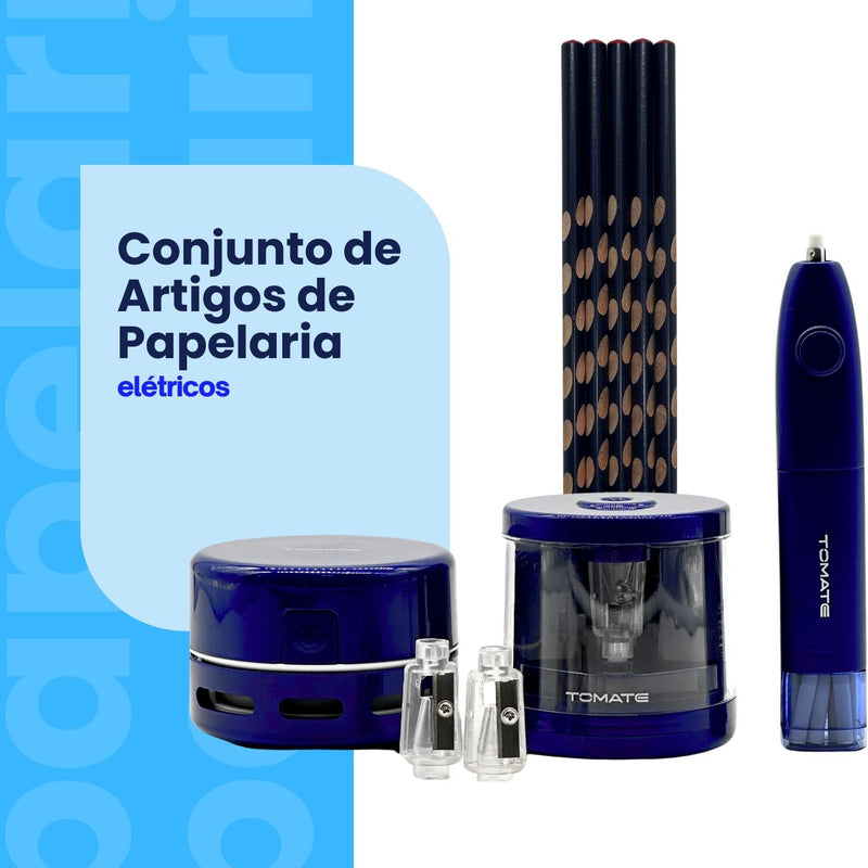 Kit Papelaria Eletrônico Tomate MAT-K01 com Apontador, Apagador e Grampeador Elétrico – Compacto e Prático
