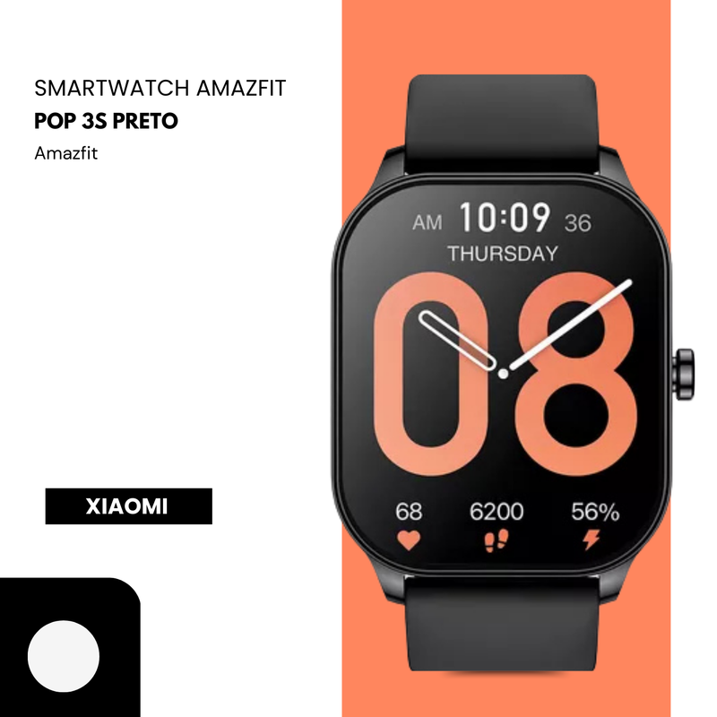 Amazfit Pop 3S Smartwatch 1.91" AMOLED, Monitor Cardíaco, SpO2, GPS, IP68, 100+ Esportes, Compatível Android/iOS