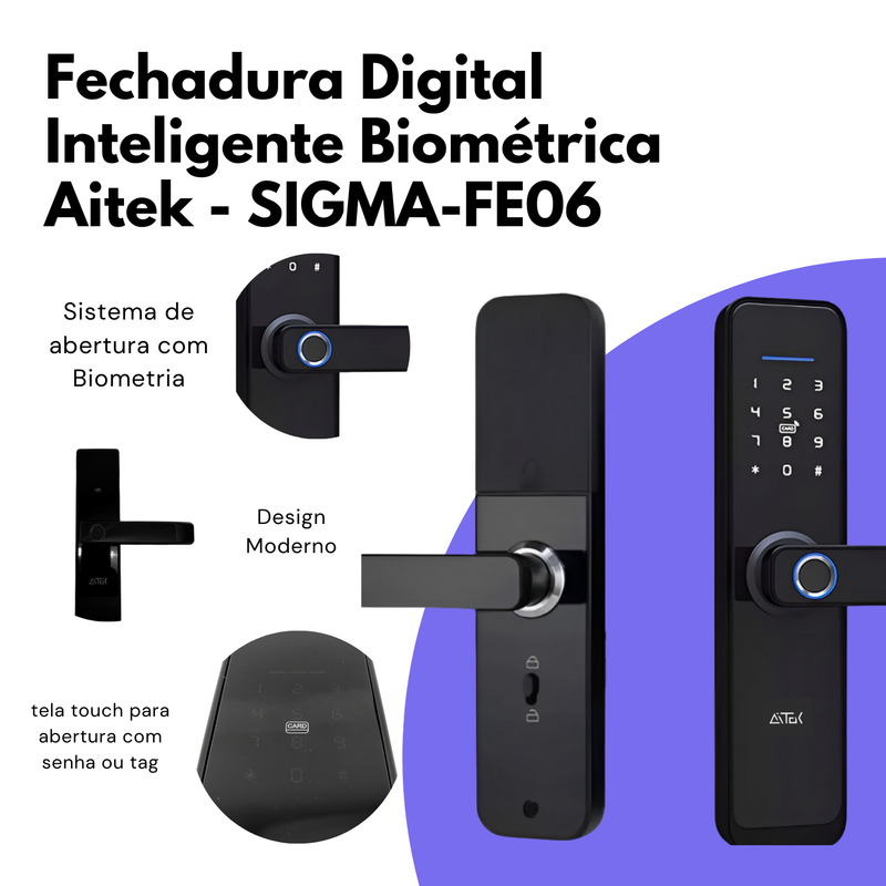 Fechadura Digital Inteligente Sistema de Alarme Desbloqueio Biometria Cartão de Acesso Senha Numérica - Trava Automática