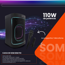 Caixa de Som Bluetooth 5.3 com LED 110W RMS 4000mAh Compatível Entradas, USB, AUX, Microfone e Guitarra