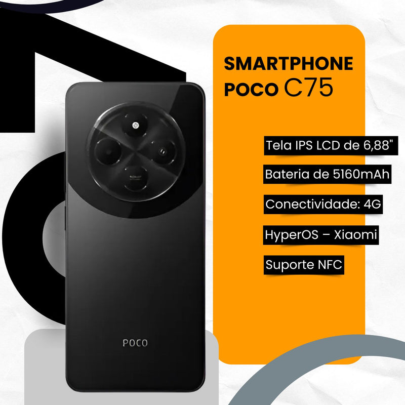 Kit Smartphone Poco C75 256GB 8RAM 4G Preto + Fone de Ouvido Headphone Sem Fio Bluetooth Over-Ear
