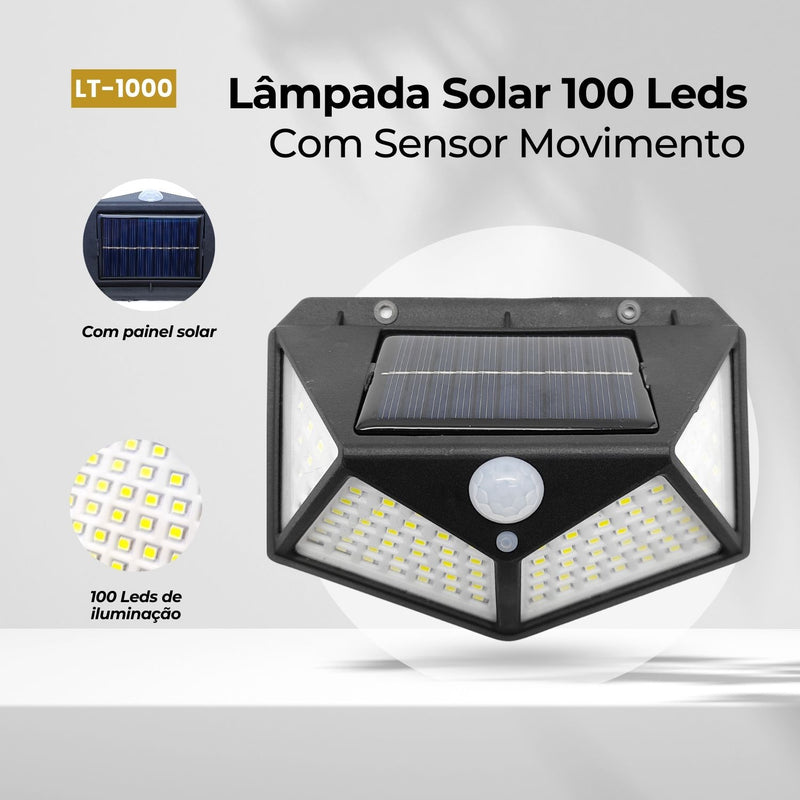 Luminária Energia Solar Para Parede 100 Leds Resistente à Água Com Sensor de Movimento 2 Funções