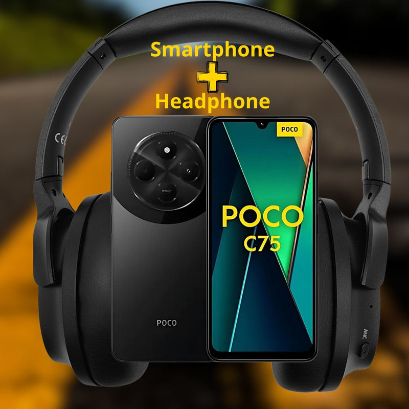 Kit Smartphone Poco C75 256GB 8RAM 4G Preto + Fone de Ouvido Headphone Sem Fio Bluetooth Over-Ear