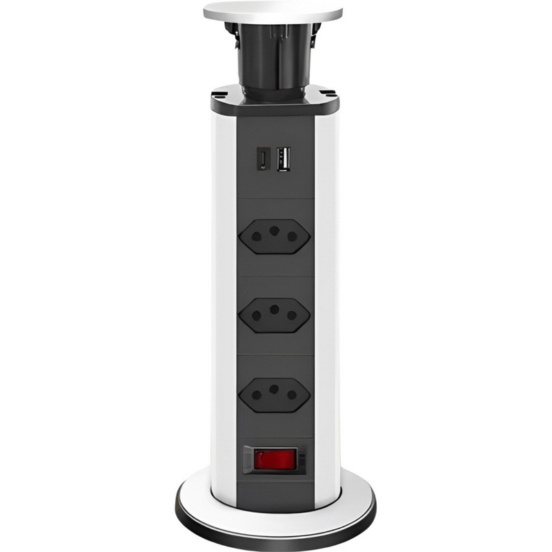 Torre de Tomadas de Mesa Retrátil Multiplug USB - Ideal para Escritórios e Ambientes Modernos