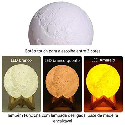 Umidificador Aromatizador Luminária Abajur Lua 3d 3 Cores