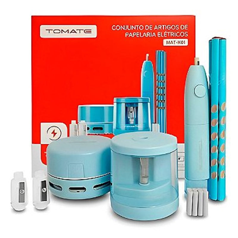 Kit Papelaria Eletrônico Tomate Apontador Apagador e Limpador de mesa para Escritórios e Home Office