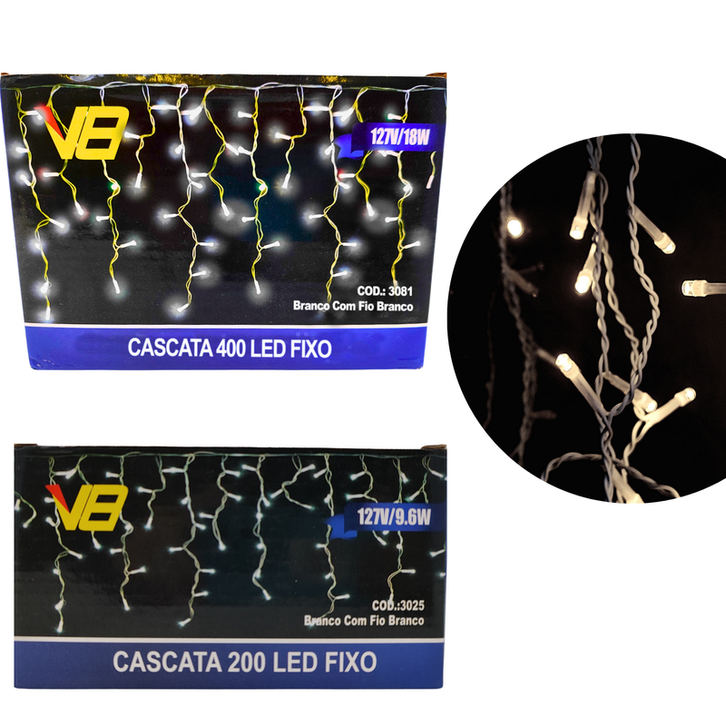 Cascata Fio de LED Branco 110V Fixa - Iluminação com 200 ou 400 LEDs