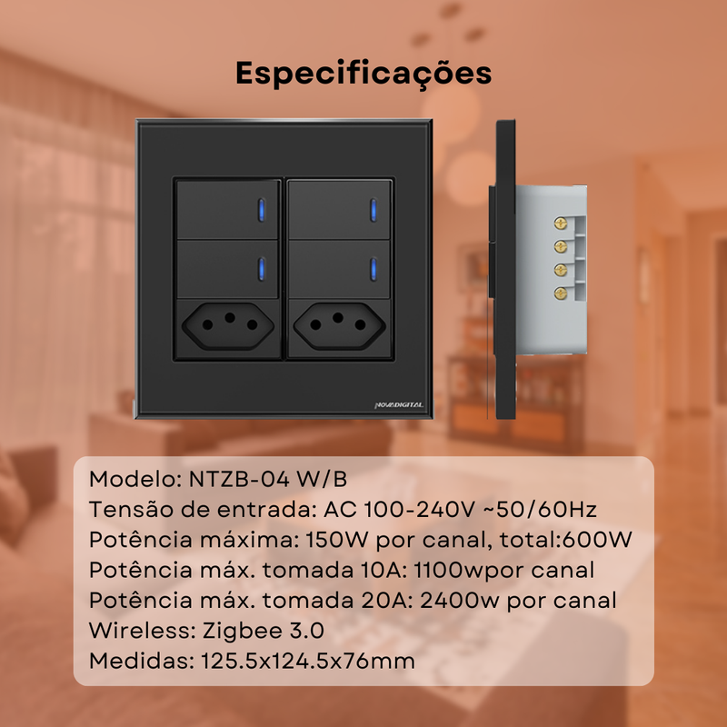 Interruptor Tecla Fisica Zigbee com Tomada Integrada Controle via Alexa e Google Assistente – Novadigital