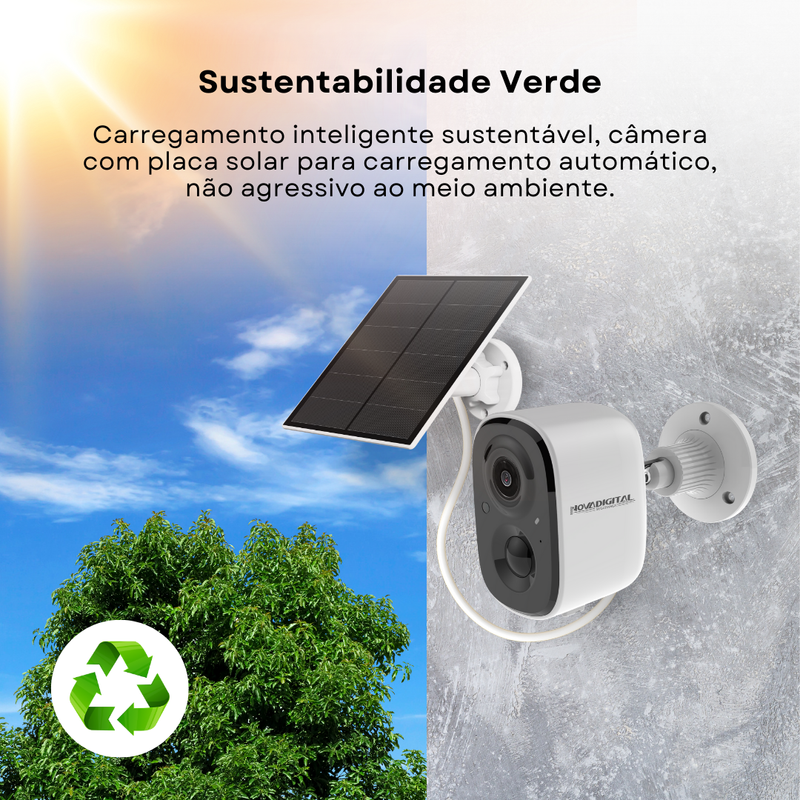 Câmera de Bateria Wi-Fi Nuvem IA com Painel Solar Monitoramento Inteligente Ininterrupto - Novadigital