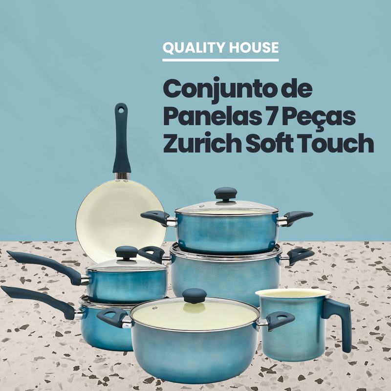 Conjunto de Panelas 7 Peças Zurich Antiaderente Azul Soft Touch Cozimento Uniforme e Durabilidade