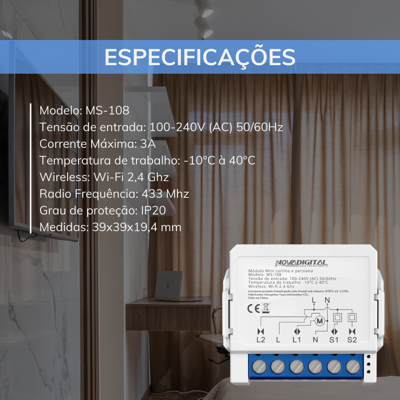 Módulo Mini Automação Cortina e Persiana Wi-Fi - NovaDigital