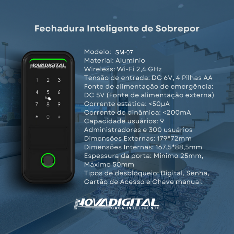 Fechadura Inteligente Wi-Fi de Sobrepor Acesso Remoto e Segurança Avançada para Seu Lar - Novadigital