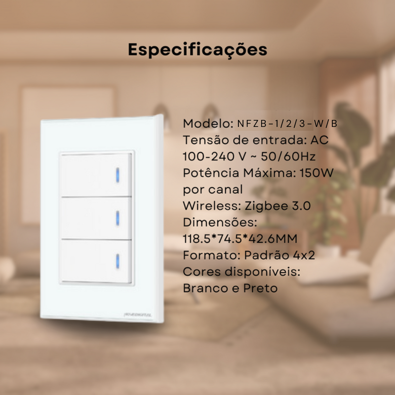 Interruptor Zigbee Inteligente Com Tecla Física - Novadigital