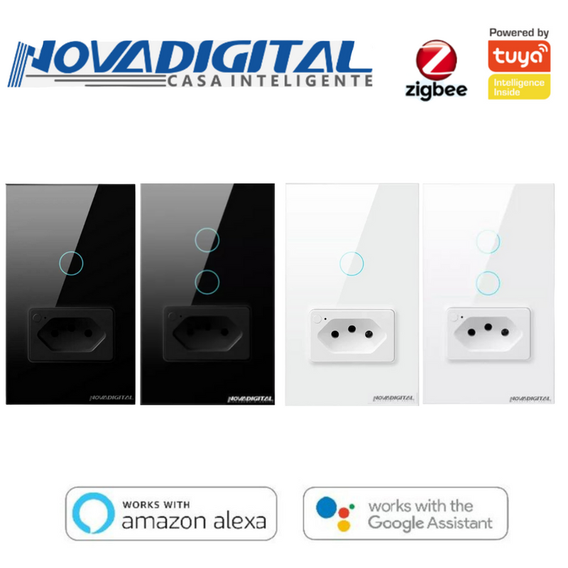 Interruptor com Tomada Inteligente 1 e 2 Botões Touch Zigbee 4x2 Preto e Branco - Novadigital