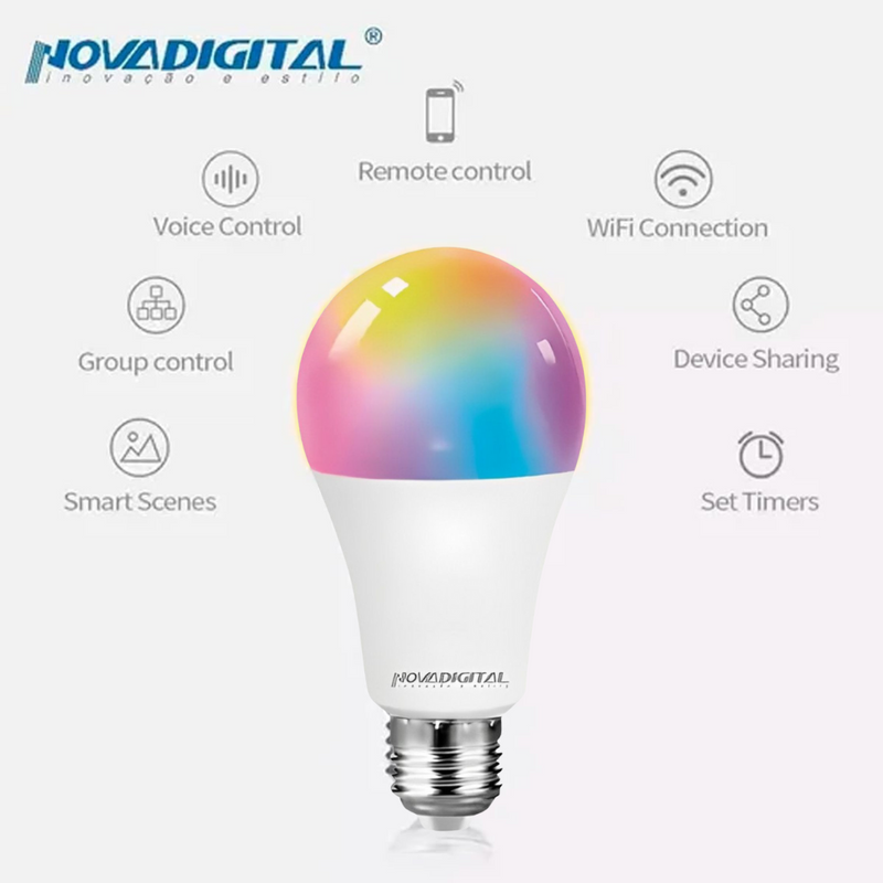 Lâmpada Inteligente Wi-Fi 15W RGB Controle por Voz  Iluminação Dimerizável - Novadigital