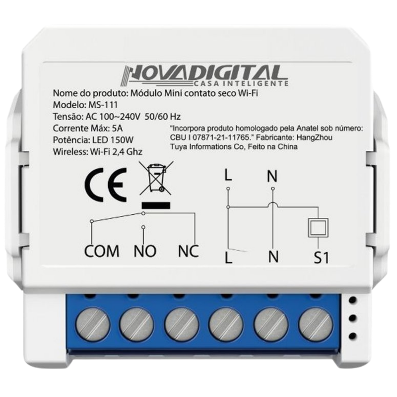 Módulo Mini Contato Seco Wi-Fi Automação Residencial Portões de Garagem Campainha Cortinas e Persianas Motorizadas - Novadigital