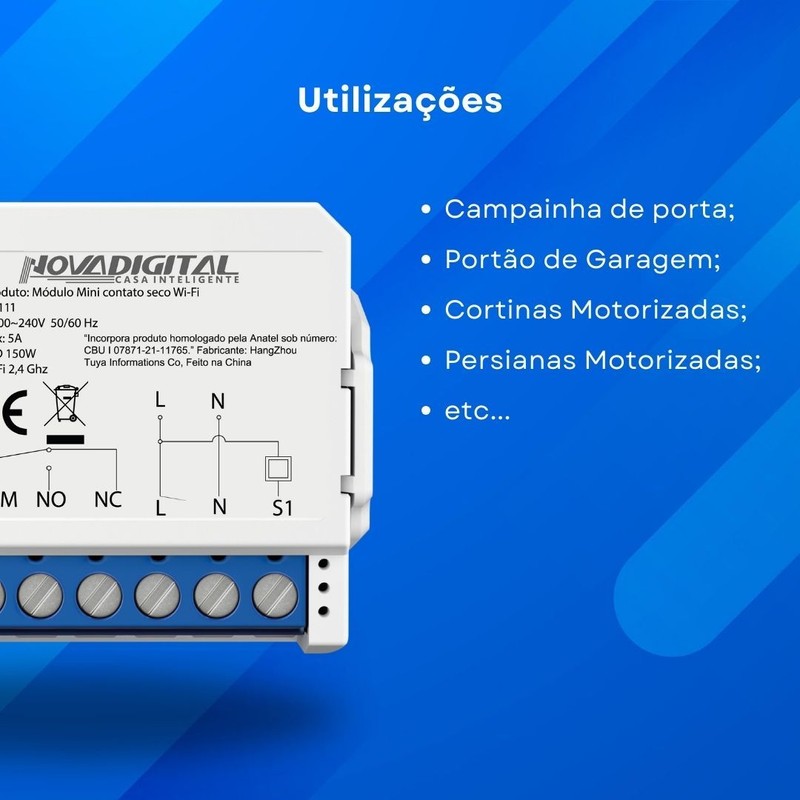 Módulo Mini Contato Seco Wi-Fi Automação Residencial Portões de Garagem Campainha Cortinas e Persianas Motorizadas - Novadigital