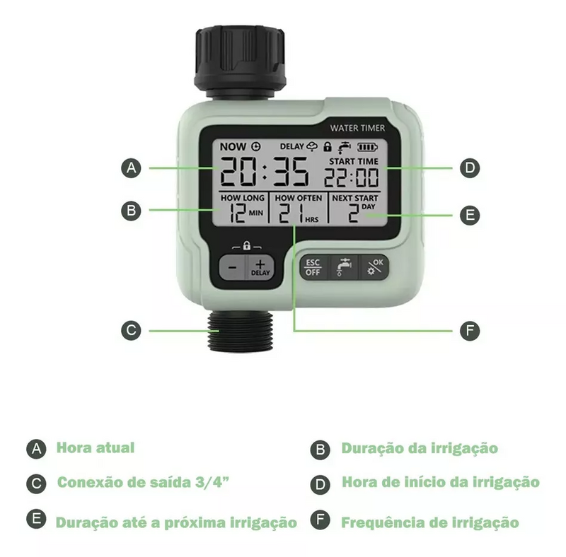 Temporizador Digital de Irrigação MDC-033 Controle Preciso e Economia de Água para Jardins e Hortas