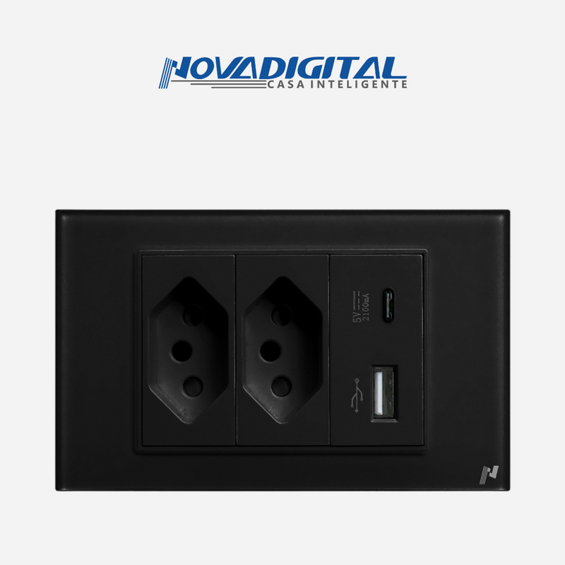Tomada de Embutir com Entradas USB e USB-C 4x2 Vidro Temperado - Novadigital