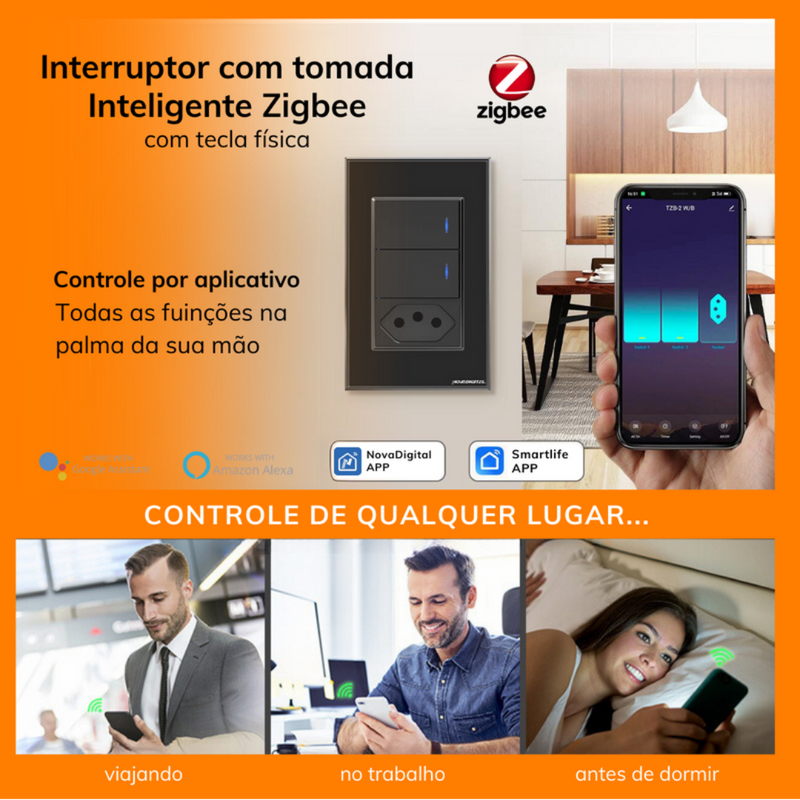 Interruptor Tecla Fisica Zigbee com Tomada Integrada Controle via Alexa e Google Assistente – Novadigital