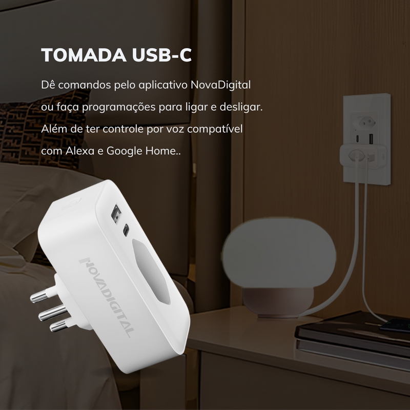 Tomada Inteligente USB-C Wi-Fi Compátivel com Assistente Virtual - Novadigital