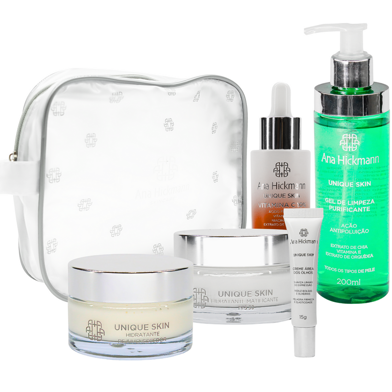 Kit Skin Care Gel de Limpeza + Hidratante Matificante Diurno FPS 30 + Hidratante Rejuvenescedor Noturno + Sérum Vitamina C + Creme Área dos Olhos - Ana Hickmann