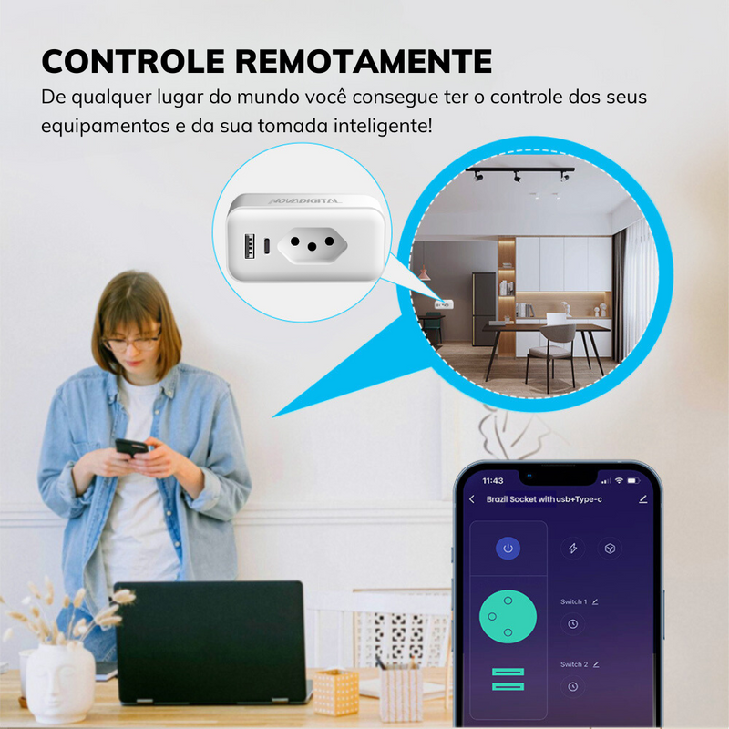 Tomada Inteligente USB-C Wi-Fi Compátivel com Assistente Virtual - Novadigital